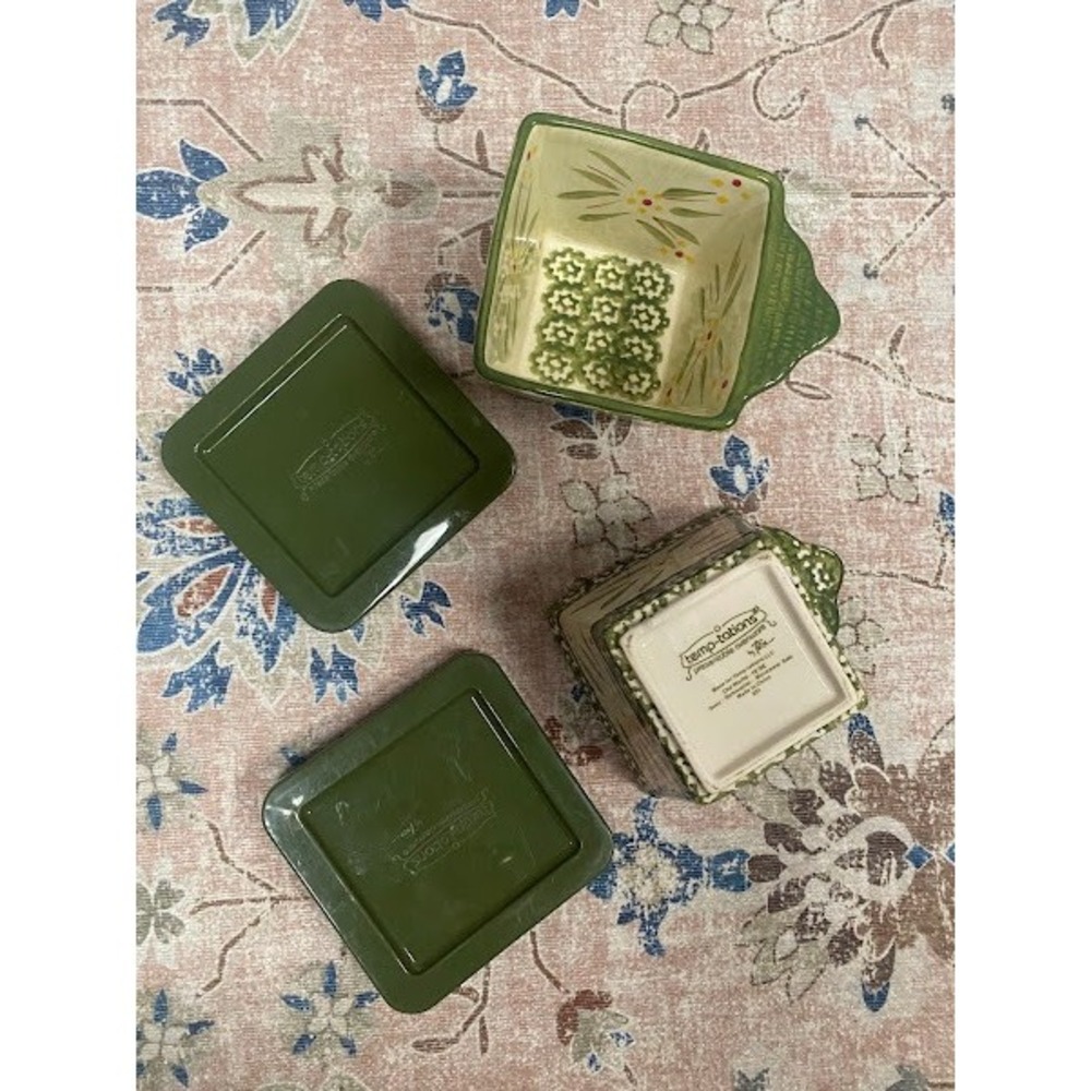 Temp-tations Old‎ World Green 10 oz Square Ramekin Set with Lids Ceramic 2pc